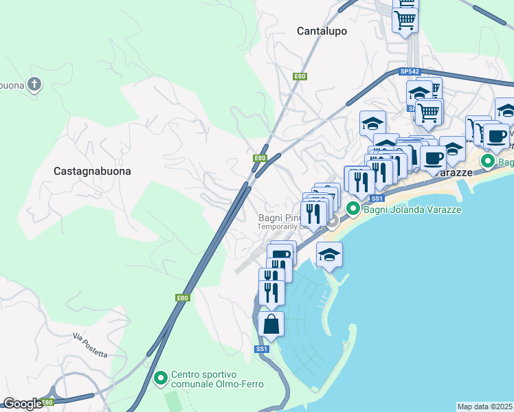 map of restaurants, bars, coffee shops, grocery stores, and more near 26 Via Nicolò Sardi in Varazze