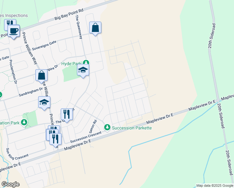 map of restaurants, bars, coffee shops, grocery stores, and more near 11 Regina Road in Barrie