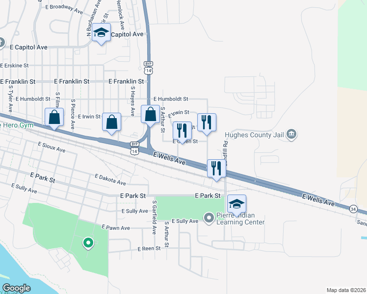 map of restaurants, bars, coffee shops, grocery stores, and more near 620 South Cleveland Avenue in Pierre