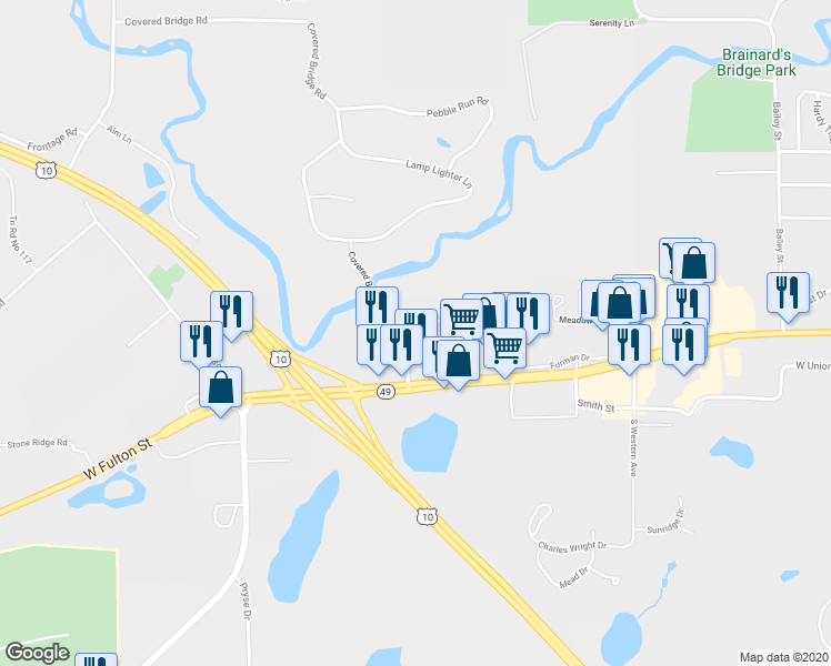 map of restaurants, bars, coffee shops, grocery stores, and more near 210 Joann Lane in Waupaca