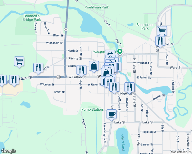 map of restaurants, bars, coffee shops, grocery stores, and more near 307 West Fulton Street in Waupaca