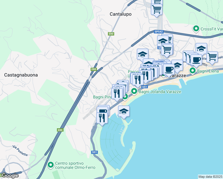 map of restaurants, bars, coffee shops, grocery stores, and more near 1 Via Padre Lorenzo Piazza in Varazze