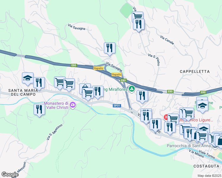 map of restaurants, bars, coffee shops, grocery stores, and more near 12 Via Privata Bosena in Rapallo