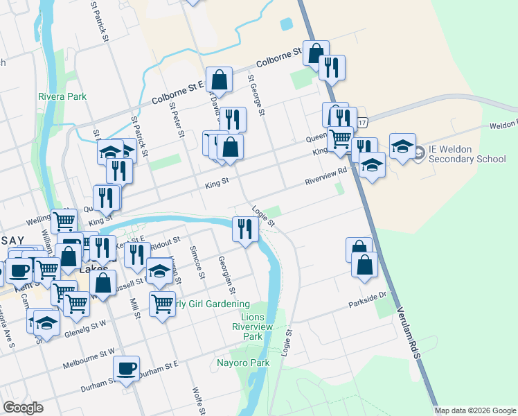 map of restaurants, bars, coffee shops, grocery stores, and more near 8 Logie Street in Kawartha Lakes