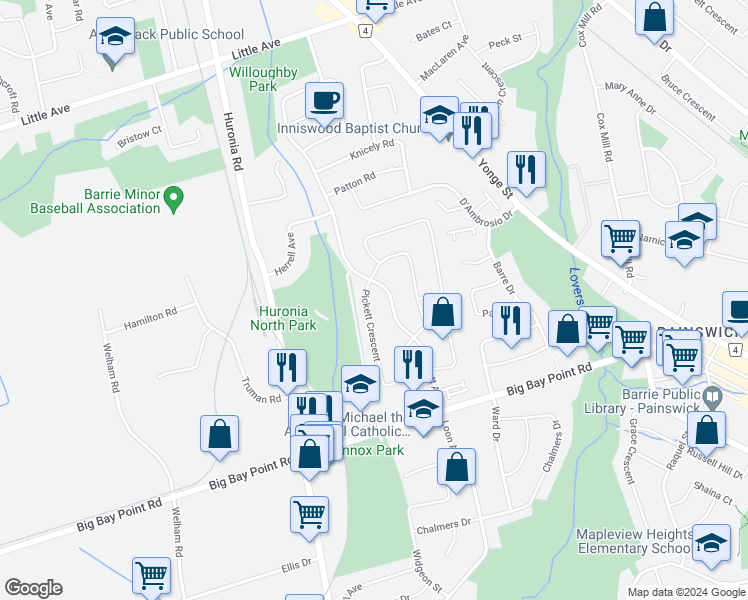 map of restaurants, bars, coffee shops, grocery stores, and more near 21 Pickett Crescent in Barrie