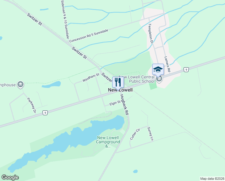 map of restaurants, bars, coffee shops, grocery stores, and more near 5308 County Road 9 in New Lowell