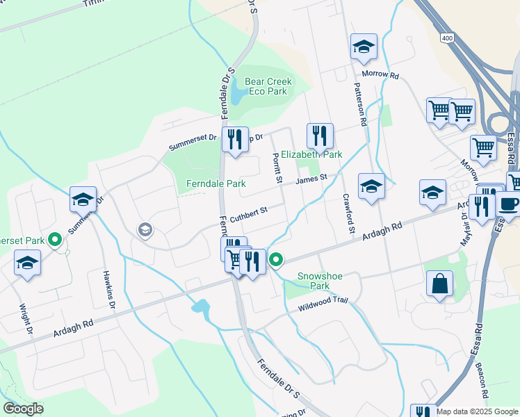 map of restaurants, bars, coffee shops, grocery stores, and more near in Barrie