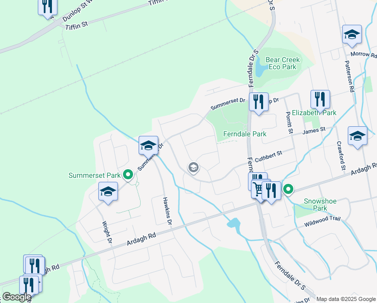 map of restaurants, bars, coffee shops, grocery stores, and more near 168 Cunningham Drive in Barrie