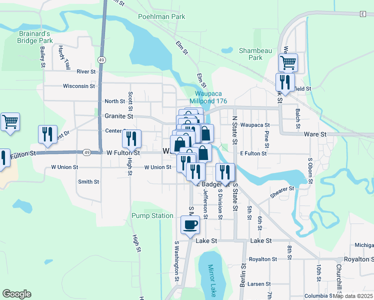 map of restaurants, bars, coffee shops, grocery stores, and more near 103 North Main Street in Waupaca