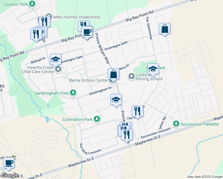 map of restaurants, bars, coffee shops, grocery stores, and more near 78 Commonwealth Road in Barrie