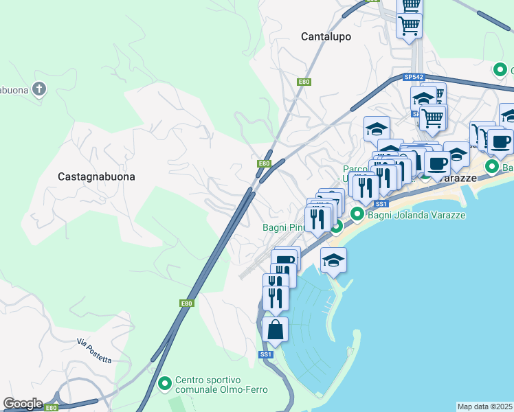 map of restaurants, bars, coffee shops, grocery stores, and more near 28A Via Nicolò Sardi in Varazze