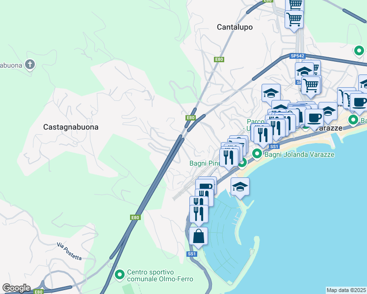 map of restaurants, bars, coffee shops, grocery stores, and more near 28A Via Nicolò Sardi in Varazze