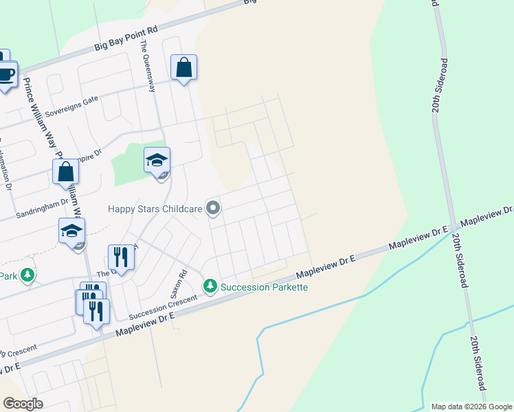 map of restaurants, bars, coffee shops, grocery stores, and more near 1700 Mapleview Drive in Barrie