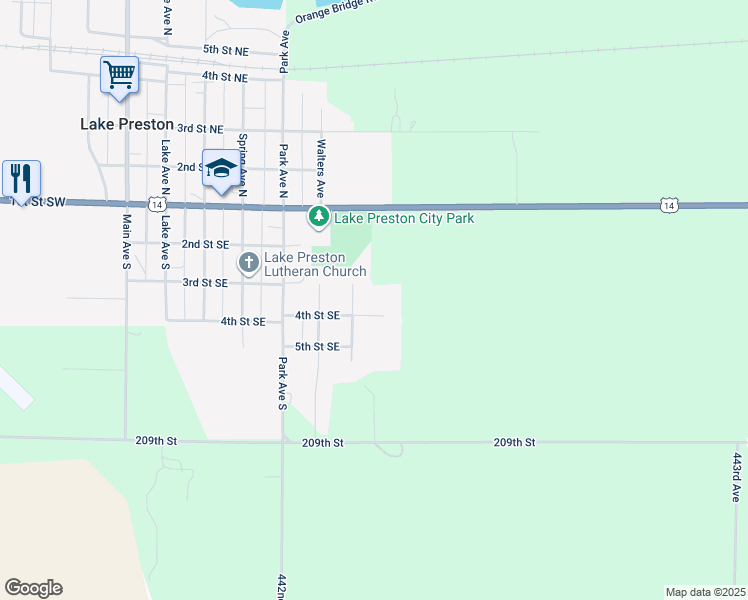 map of restaurants, bars, coffee shops, grocery stores, and more near 709 4th Street Southeast in Lake Preston