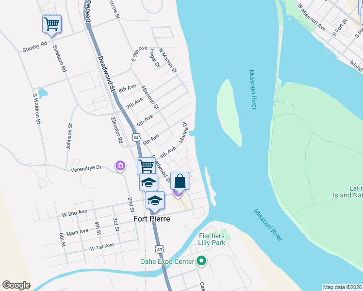 map of restaurants, bars, coffee shops, grocery stores, and more near 119 Marina Drive in Fort Pierre