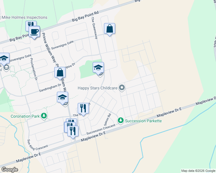 map of restaurants, bars, coffee shops, grocery stores, and more near 78 Diana Way in Barrie