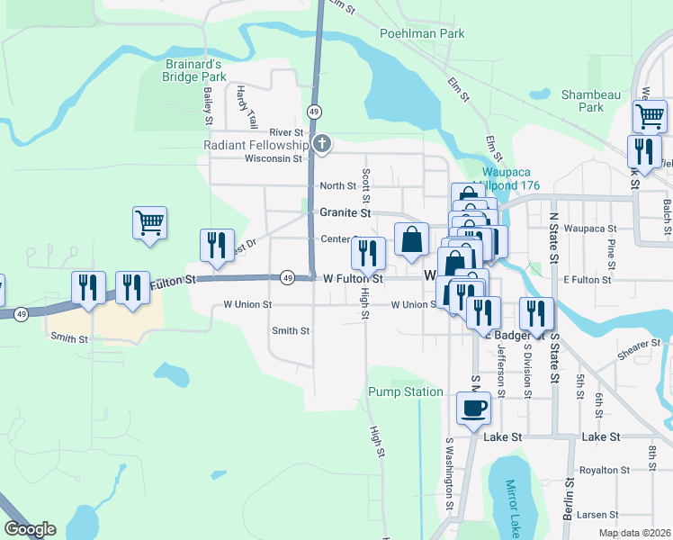 map of restaurants, bars, coffee shops, grocery stores, and more near 414 West Fulton Street in Waupaca