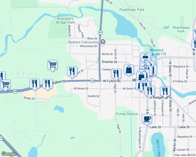 map of restaurants, bars, coffee shops, grocery stores, and more near 434 West Fulton Street in Waupaca