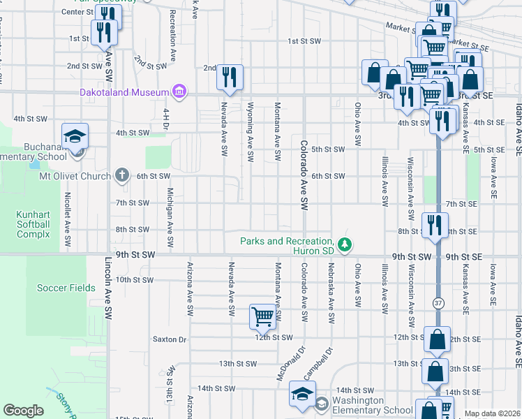 map of restaurants, bars, coffee shops, grocery stores, and more near 775 Montana Avenue Southwest in Huron