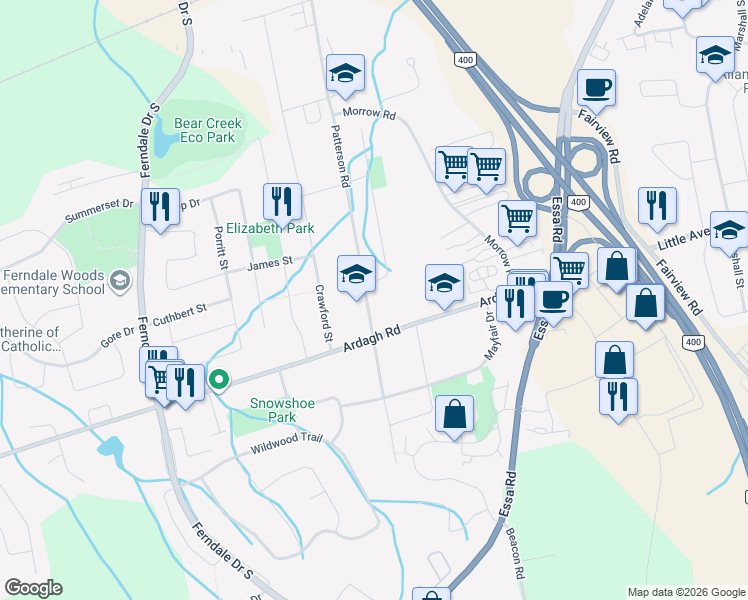 map of restaurants, bars, coffee shops, grocery stores, and more near 183 Patterson Road in Barrie