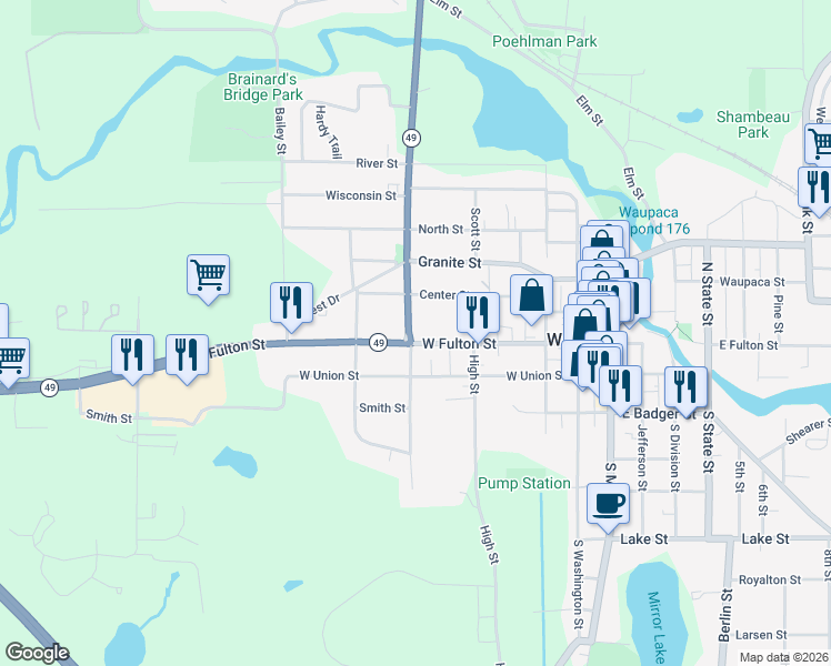 map of restaurants, bars, coffee shops, grocery stores, and more near 434 West Fulton Street in Waupaca