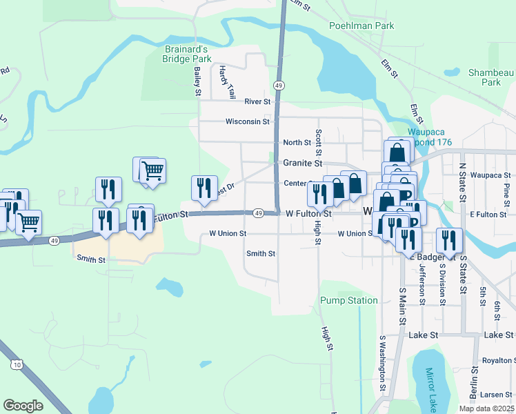 map of restaurants, bars, coffee shops, grocery stores, and more near 514 West Fulton Street in Waupaca