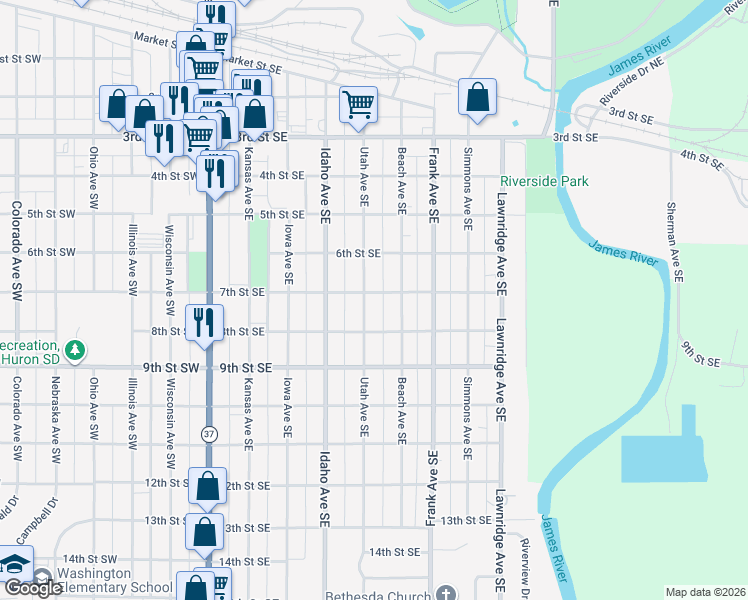 map of restaurants, bars, coffee shops, grocery stores, and more near 751 Beach Avenue Southeast in Huron