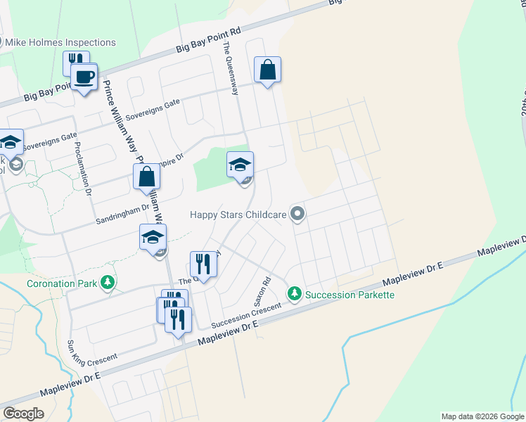 map of restaurants, bars, coffee shops, grocery stores, and more near 86 Diana Way in Barrie