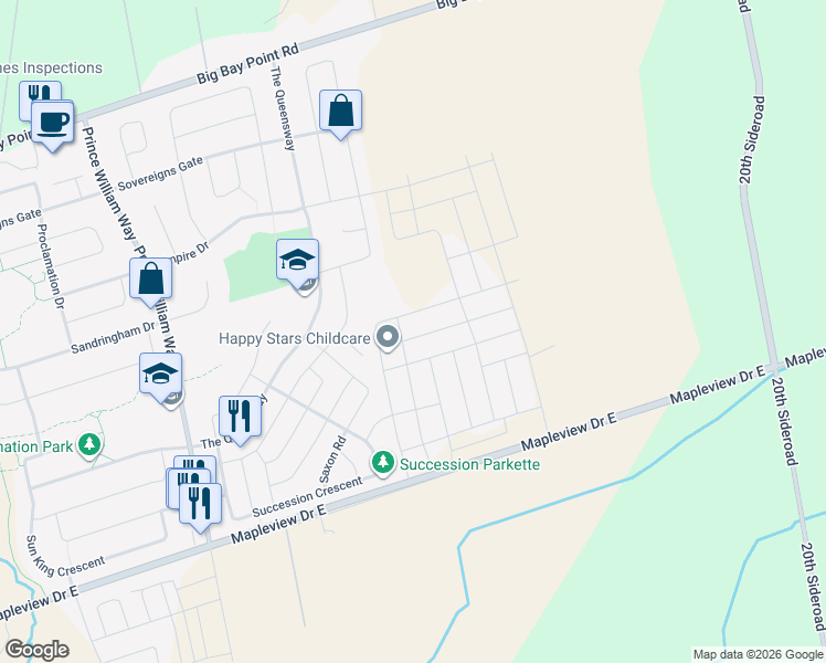 map of restaurants, bars, coffee shops, grocery stores, and more near 11 Regina Road in Barrie