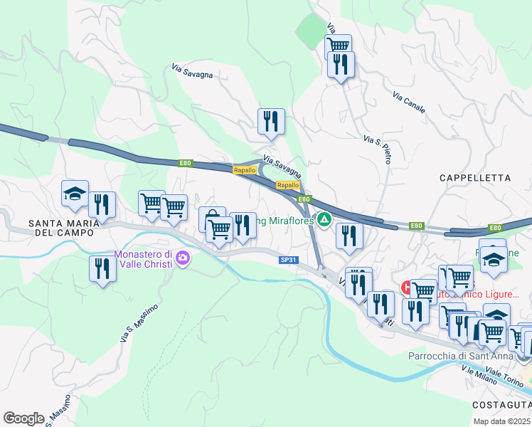 map of restaurants, bars, coffee shops, grocery stores, and more near 12 Via Privata Bosena in Rapallo