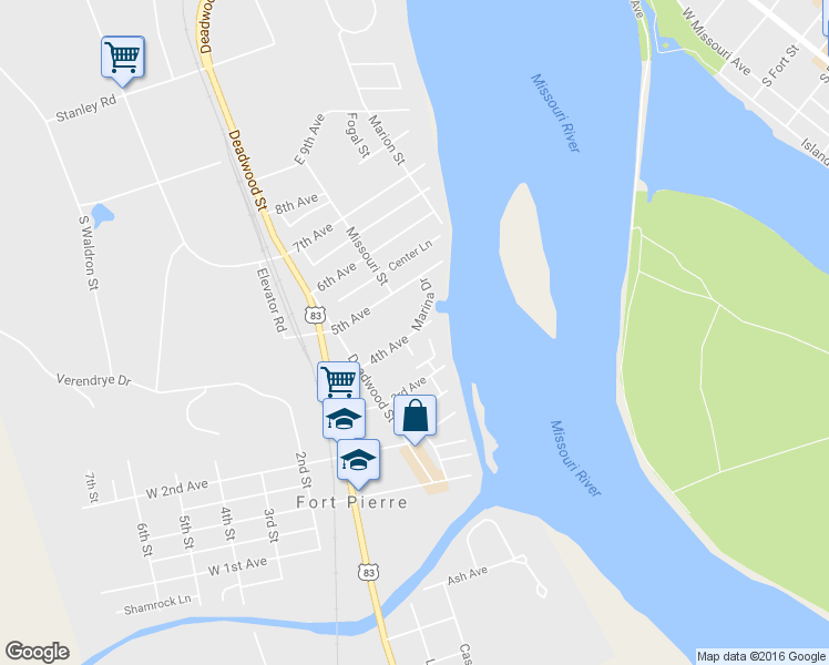 map of restaurants, bars, coffee shops, grocery stores, and more near 119 Marina Drive in Fort Pierre