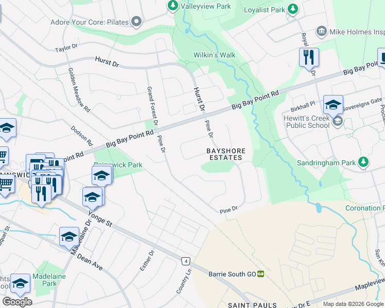 map of restaurants, bars, coffee shops, grocery stores, and more near 235 Cedar Crescent in Barrie