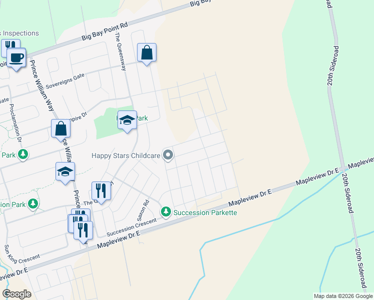 map of restaurants, bars, coffee shops, grocery stores, and more near 11 Regina Road in Barrie