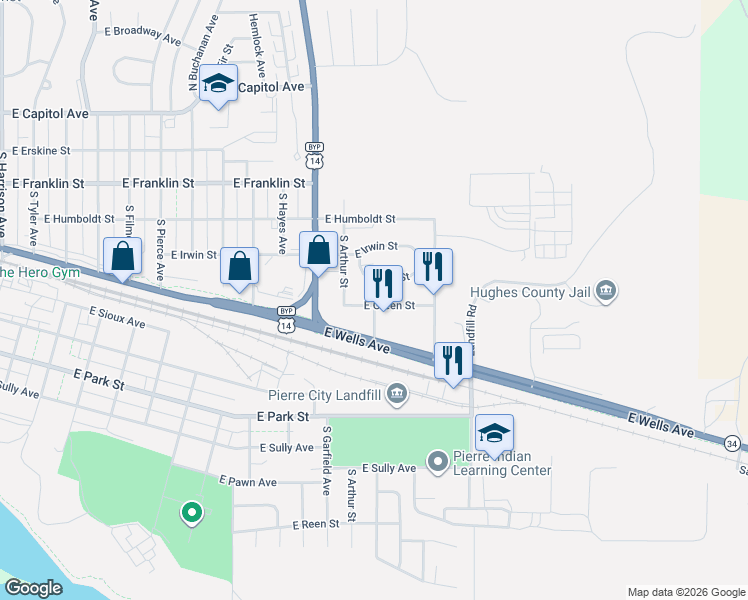map of restaurants, bars, coffee shops, grocery stores, and more near 620 South Cleveland Avenue in Pierre