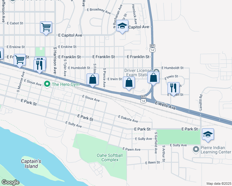 map of restaurants, bars, coffee shops, grocery stores, and more near East Wells Avenue in Pierre