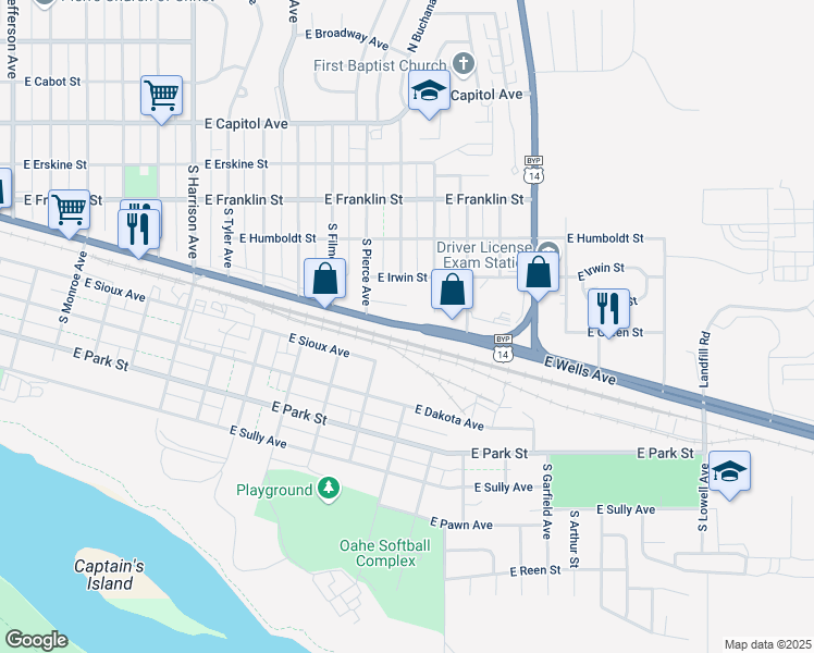 map of restaurants, bars, coffee shops, grocery stores, and more near East Wells Avenue in Pierre
