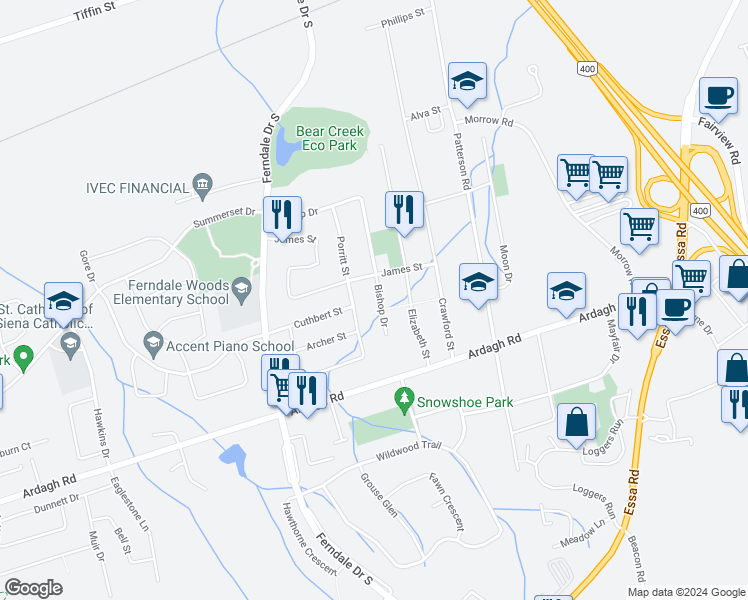 map of restaurants, bars, coffee shops, grocery stores, and more near 97 Bishop Drive in Barrie