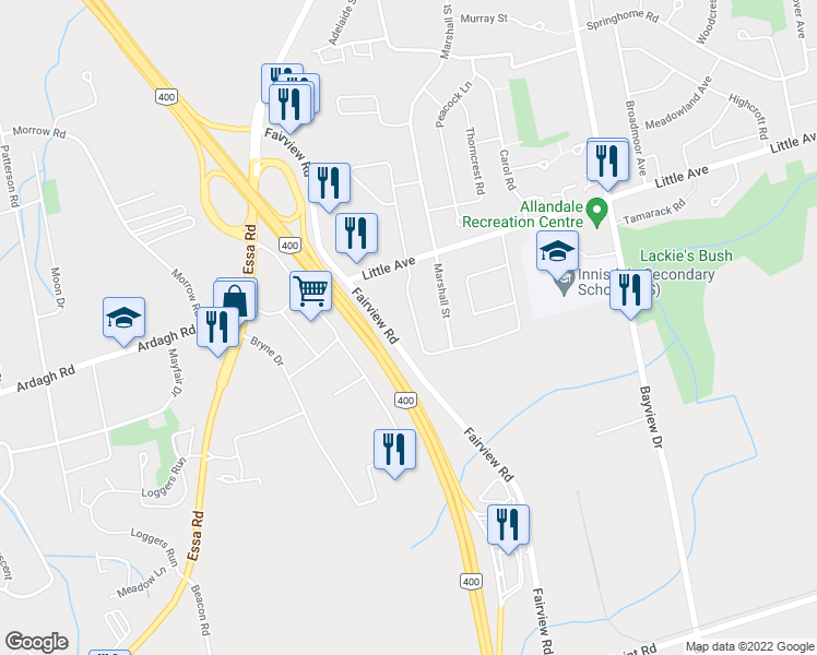 map of restaurants, bars, coffee shops, grocery stores, and more near 99 Chieftain Crescent in Barrie