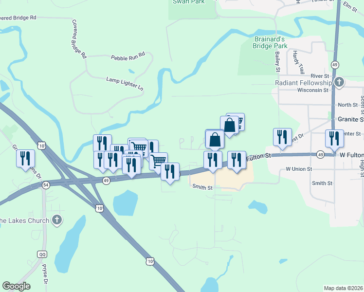 map of restaurants, bars, coffee shops, grocery stores, and more near 936 Furman Dr in Waupaca