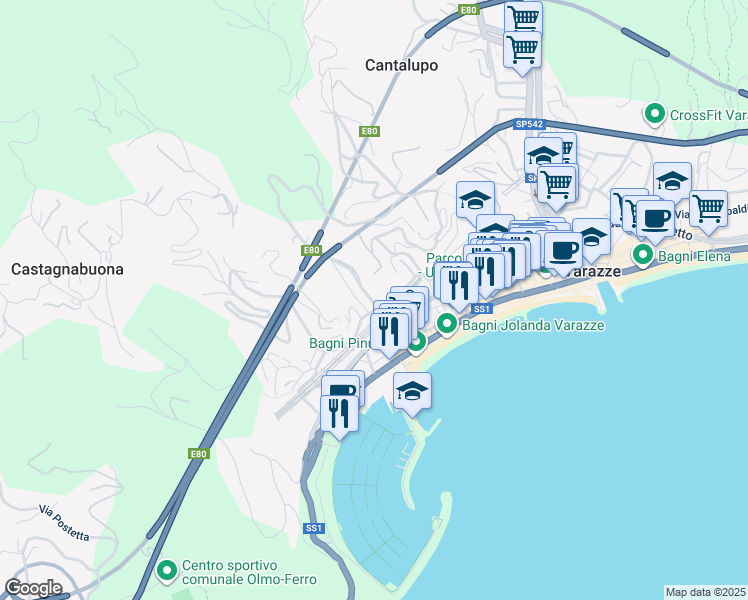 map of restaurants, bars, coffee shops, grocery stores, and more near 1 Via Padre Lorenzo Piazza in Varazze