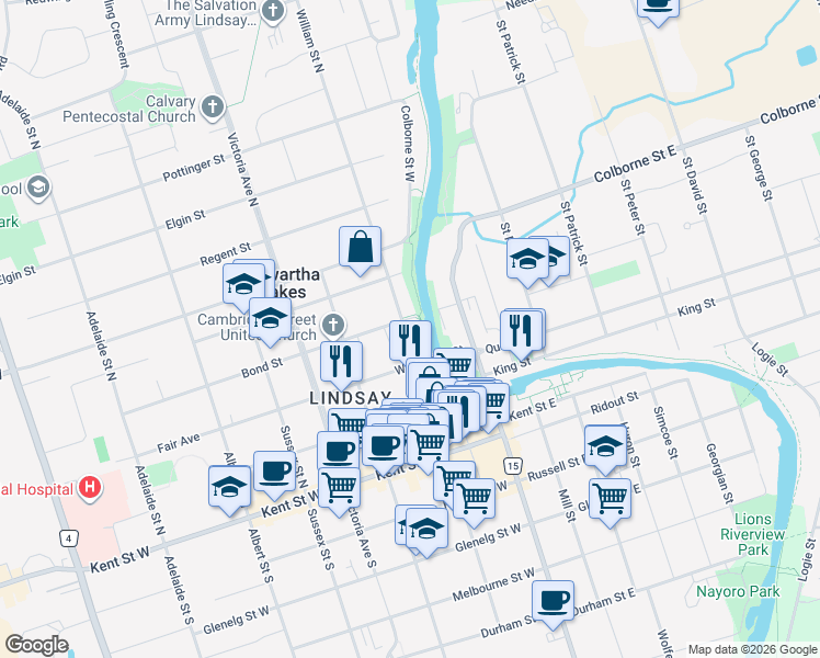 map of restaurants, bars, coffee shops, grocery stores, and more near 100 William Street North in Lindsay