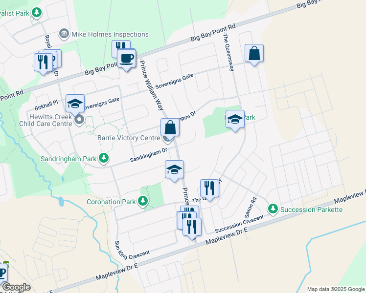 map of restaurants, bars, coffee shops, grocery stores, and more near 80 Prince William Way in Barrie