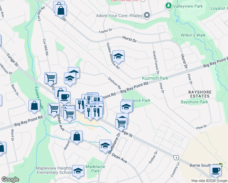 map of restaurants, bars, coffee shops, grocery stores, and more near 556 Big Bay Point Road in Barrie