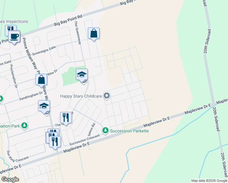 map of restaurants, bars, coffee shops, grocery stores, and more near 11 Regina Road in Barrie