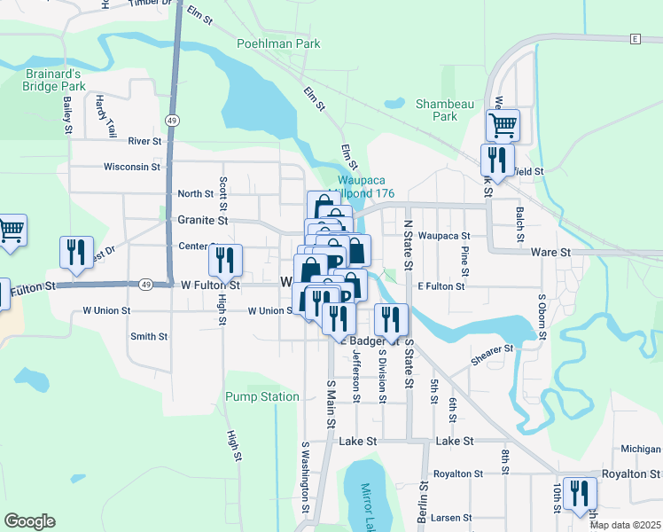map of restaurants, bars, coffee shops, grocery stores, and more near 103 North Main Street in Waupaca