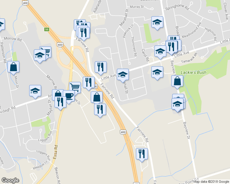 map of restaurants, bars, coffee shops, grocery stores, and more near 101 Chieftain Crescent in Barrie