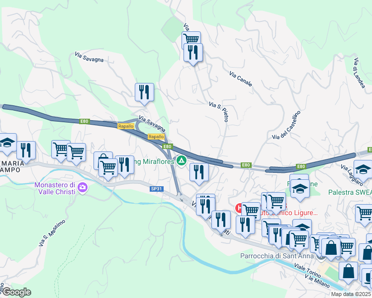 map of restaurants, bars, coffee shops, grocery stores, and more near 3 Via Torre Dondero in Rapallo