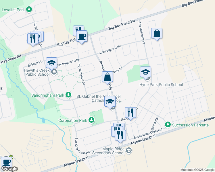 map of restaurants, bars, coffee shops, grocery stores, and more near 80 Prince William Way in Barrie