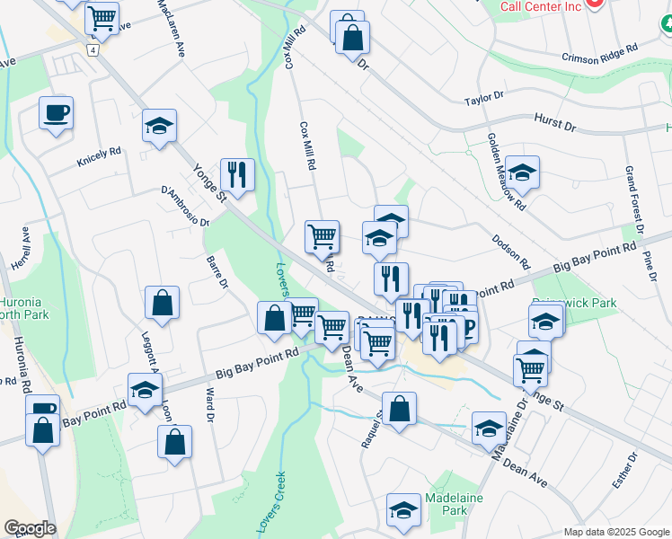 map of restaurants, bars, coffee shops, grocery stores, and more near 201 Cox Mill Road in Barrie