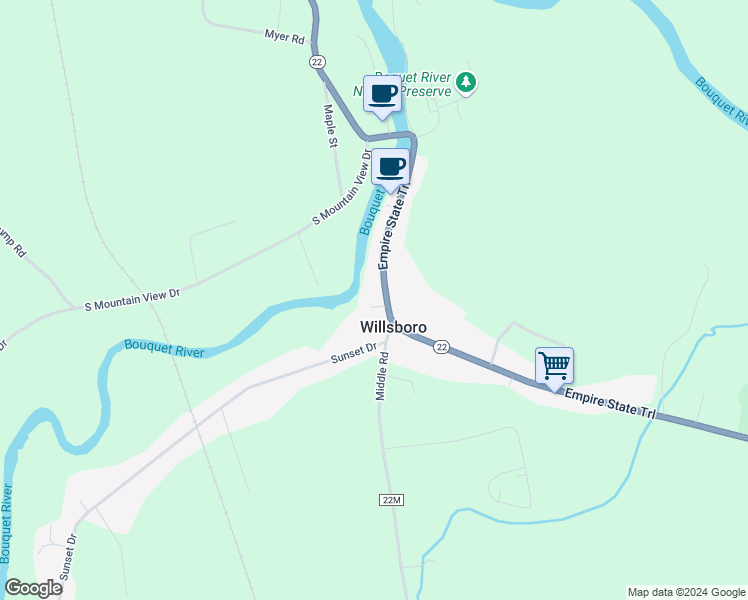 map of restaurants, bars, coffee shops, grocery stores, and more near 3709 Main St in Willsboro